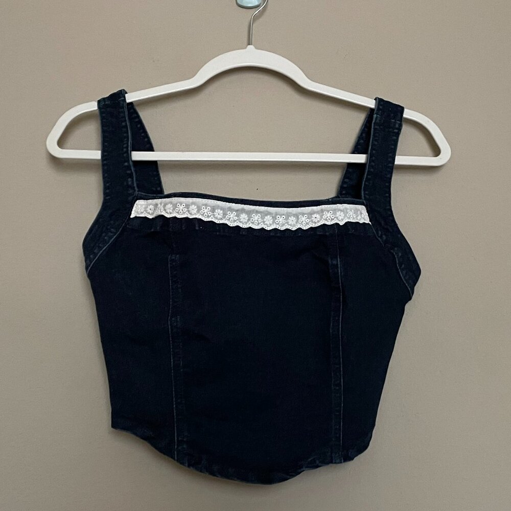 Forever 21, XS, Cropped, Dark Denim, Lace Detail Vest
